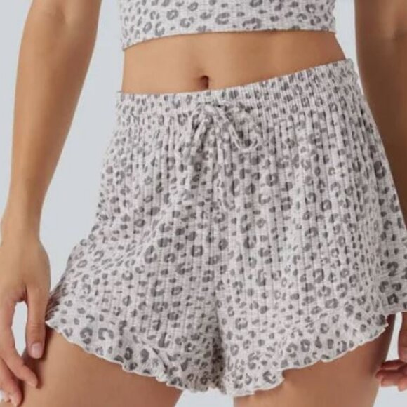 Halara Mid Rise Drawstring Ruffle Hem Leopard Print Lounge Shorts - Picture 2 of 4